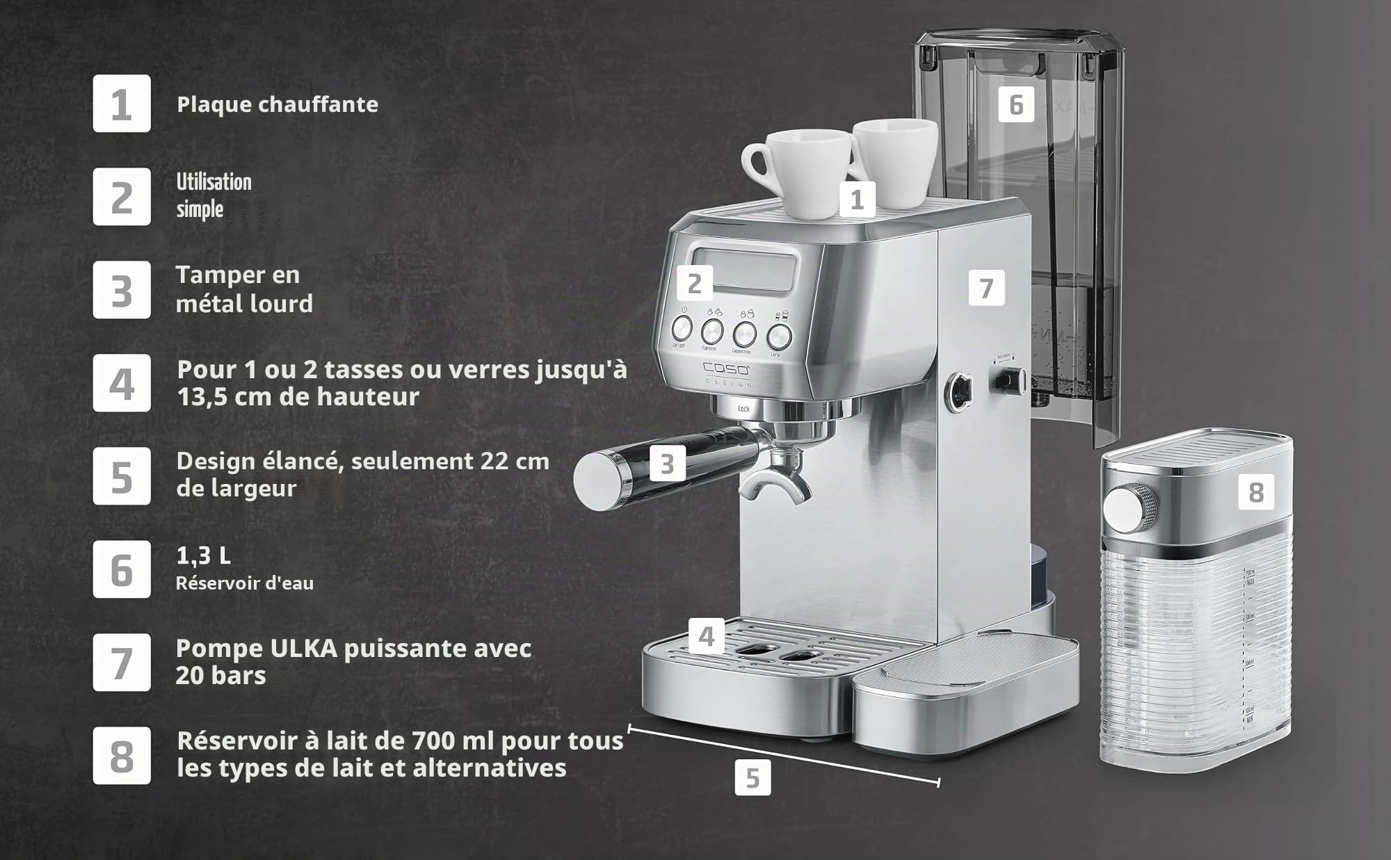 CASO Espresso Gourmet Latte – Jugement test très bien, machine à café avec réservoir à lait intégré, pompe ULKA 20 bar, plaque chauffante pour tasses, 1 ou 2 tasses, argent, acier inoxydable