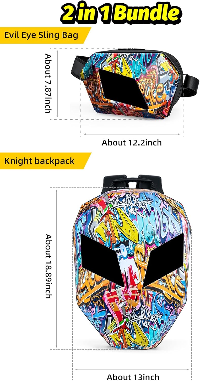 Gelrova [Batteries not included] Graffiti Style 2-in-1 Hardshell LED Backpack Set: Knight Motorcycle Backpack and Devil Eye Crossbody Bag, Graffiti