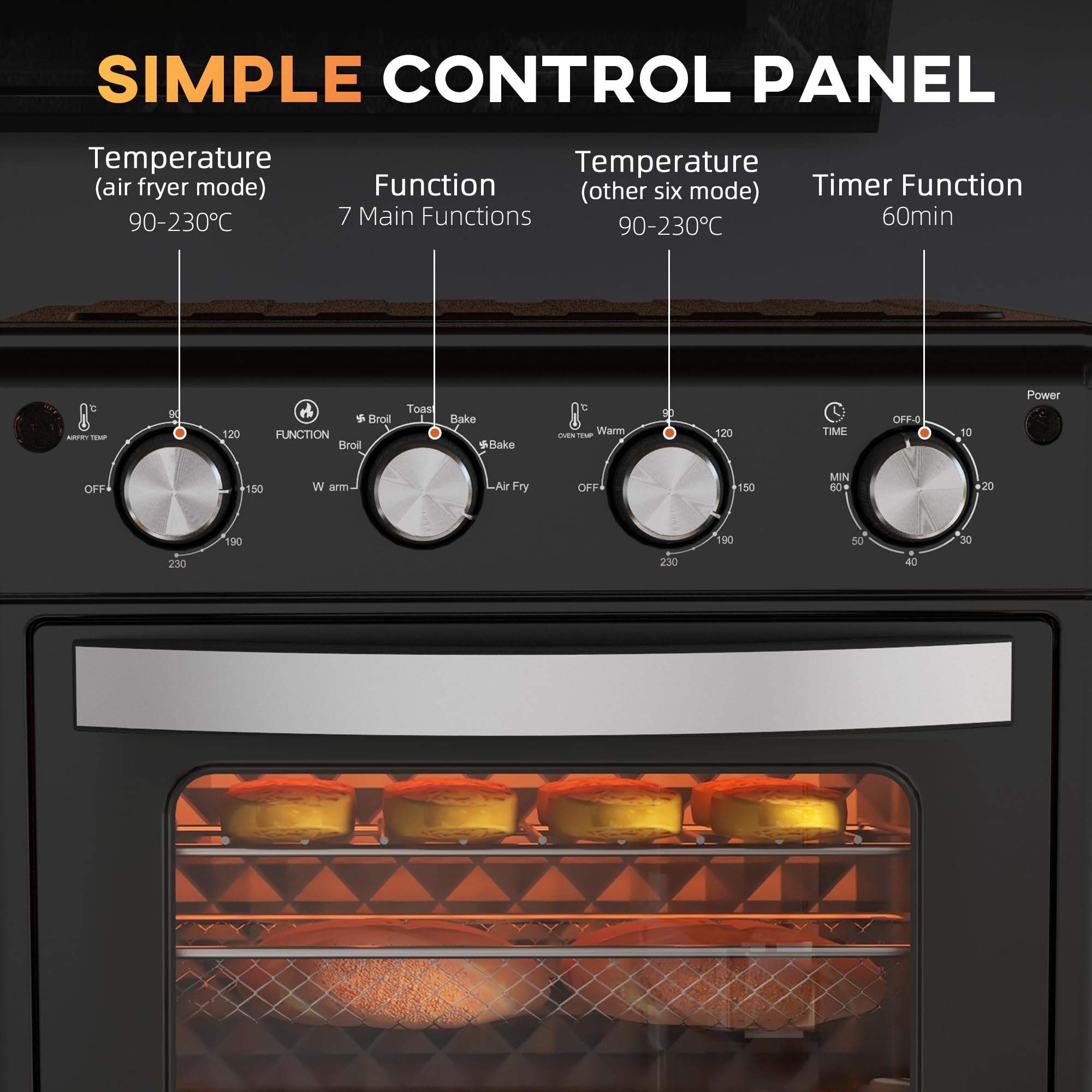 HOMCOM Mini Backofen mit Umluft 30 L 1600W 90-230℃ 60 Min. Timer inkl. Innenbeleuchtung, Krümelblech, Warmhalteplatten, Backblech, Grillrost, Frittierkorb, Minibackofen Pizza-Ofen, Schwarz