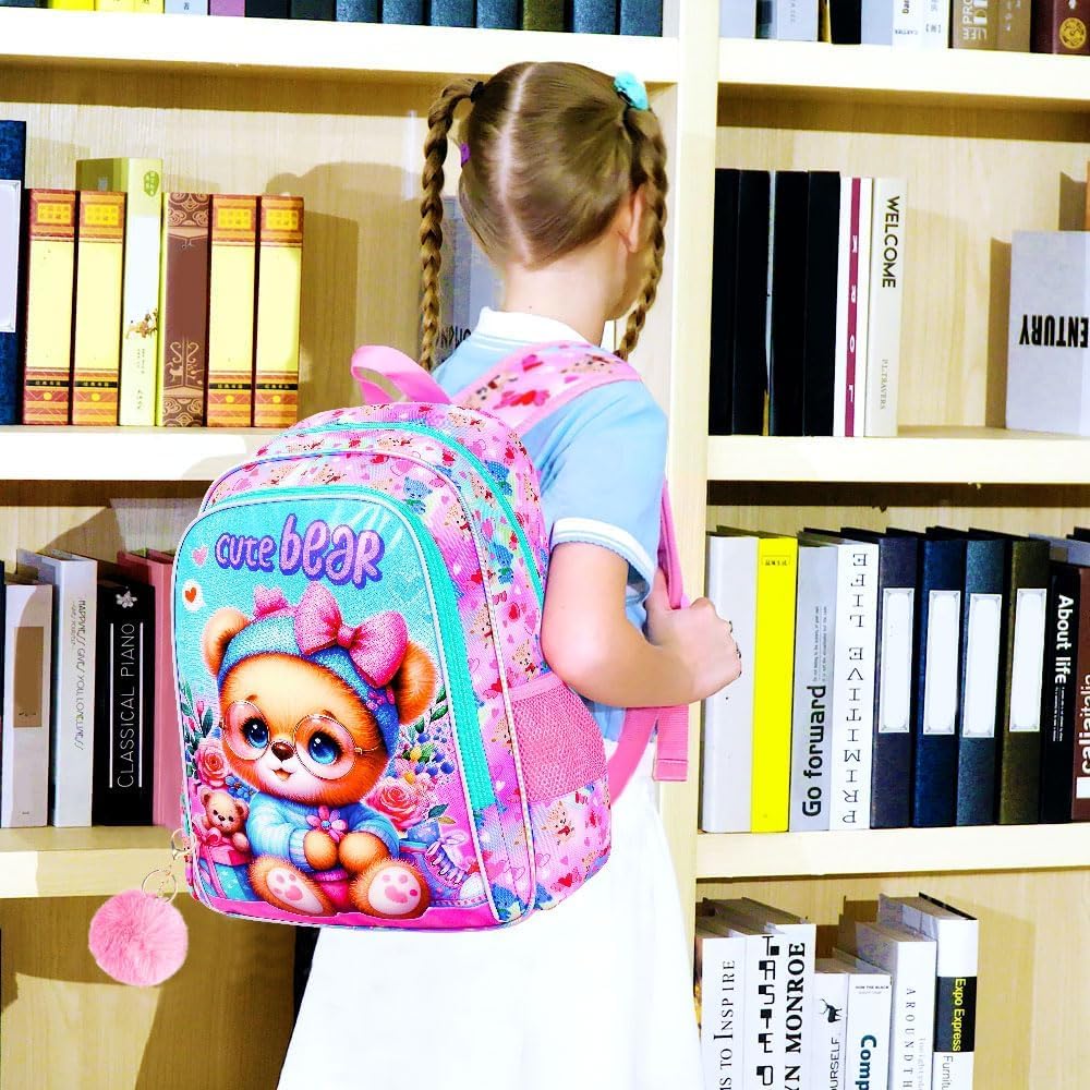 KLFVB 3PCS Girls Bear Bookbag, Water Resistant Kids Backpack with Lunch Box, 16" Preschool Backpacks for Elementary - Bear Pink - Image 2