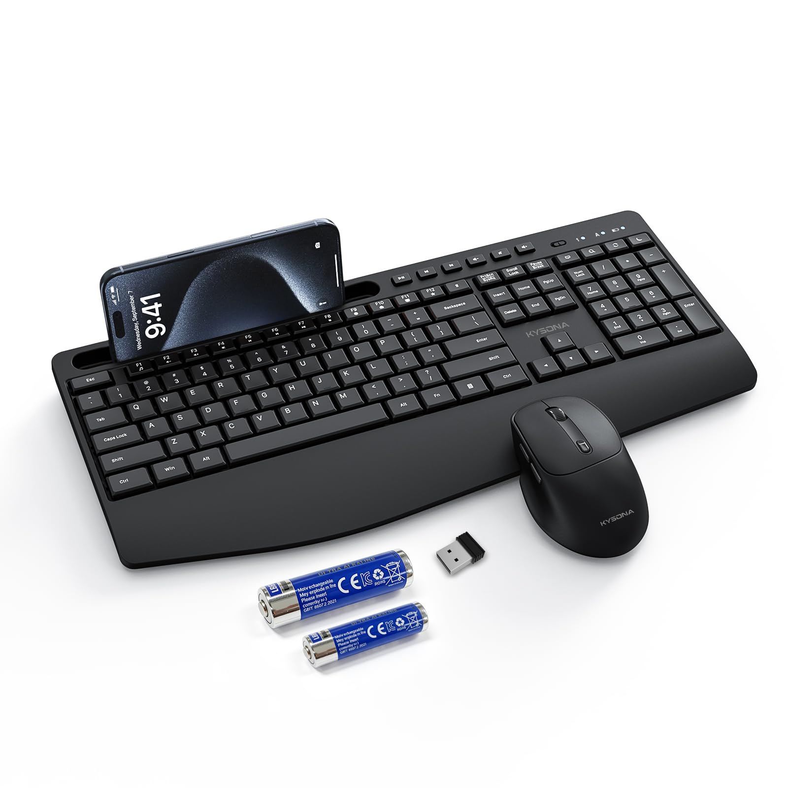 KYSONA Tastiera wireless e mouse, tastiera senza fili di dimensioni standard con poggiapolsi, supporto per iPad, 2,4 G, 3 DPI, mouse ottico regolabile per computer/laptop/PC/MAC/Windows, nero