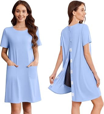 Deyeek Open Back Hospital Gowns for Women Tear Away Post Surgery Dresses | Short Sleeve, Soft, Nightgown for Elderly Women, With Pocket