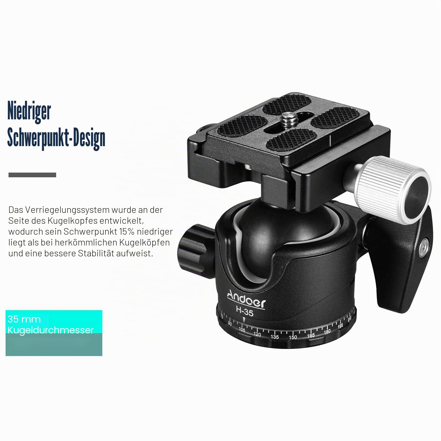 Andoer Kugelkopf Stativkopf mit Schwerlast Fotografie Kamera Stativ Stativköpfe,maximale Belastung 15 kg,Schnellwechselplatte 1/4 Zoll Schraube