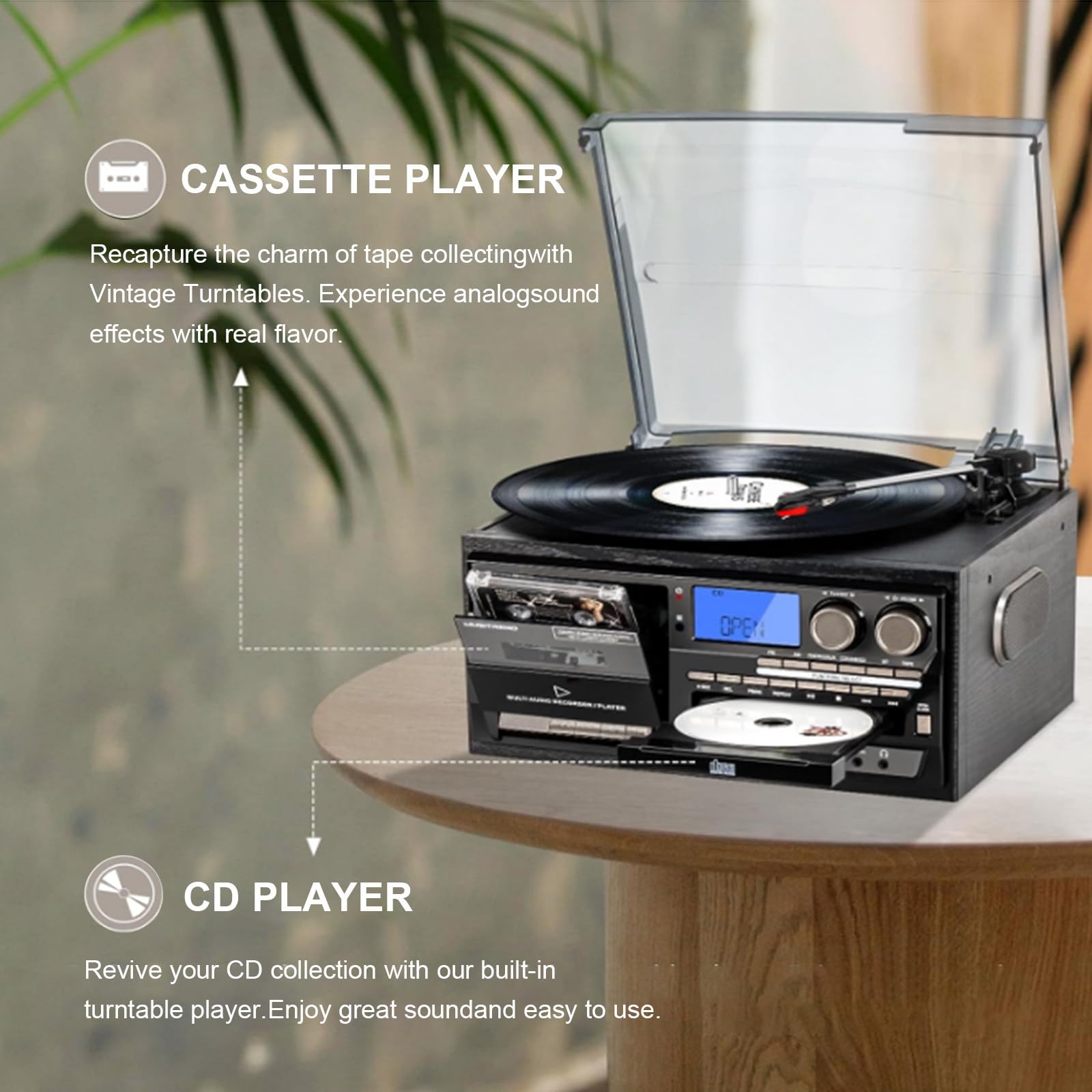 Giradischi a 3 velocità, giradischi in vinile, riproduzione di CD e cassette, sistema audio classico per gli amanti della musica