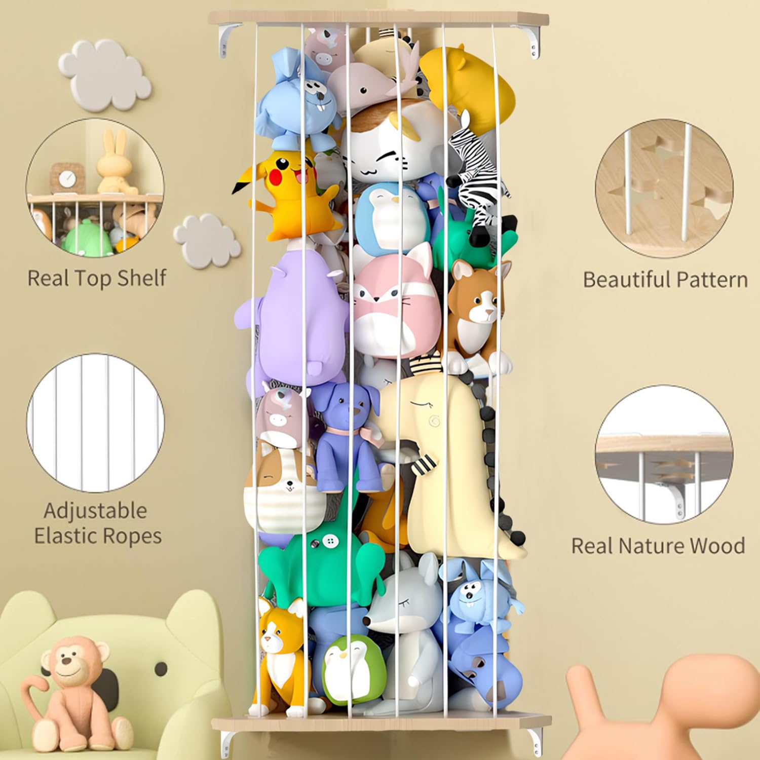 1 Stück Kuscheltier Aufbewahrung Organizer, Holz Kuscheltier Aufbewahrung Ecke, längenverstellbares Hängeregal für Spielzeuge, Teddybär-Aufbewahrungsregal für Kinderzimmer, Spielzimmer, Schlafzimmer