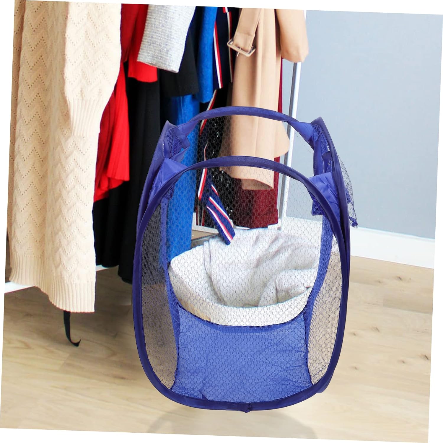 Pop-Up Laundry Hamper Foldable Mesh Basket for Home Camping Blue