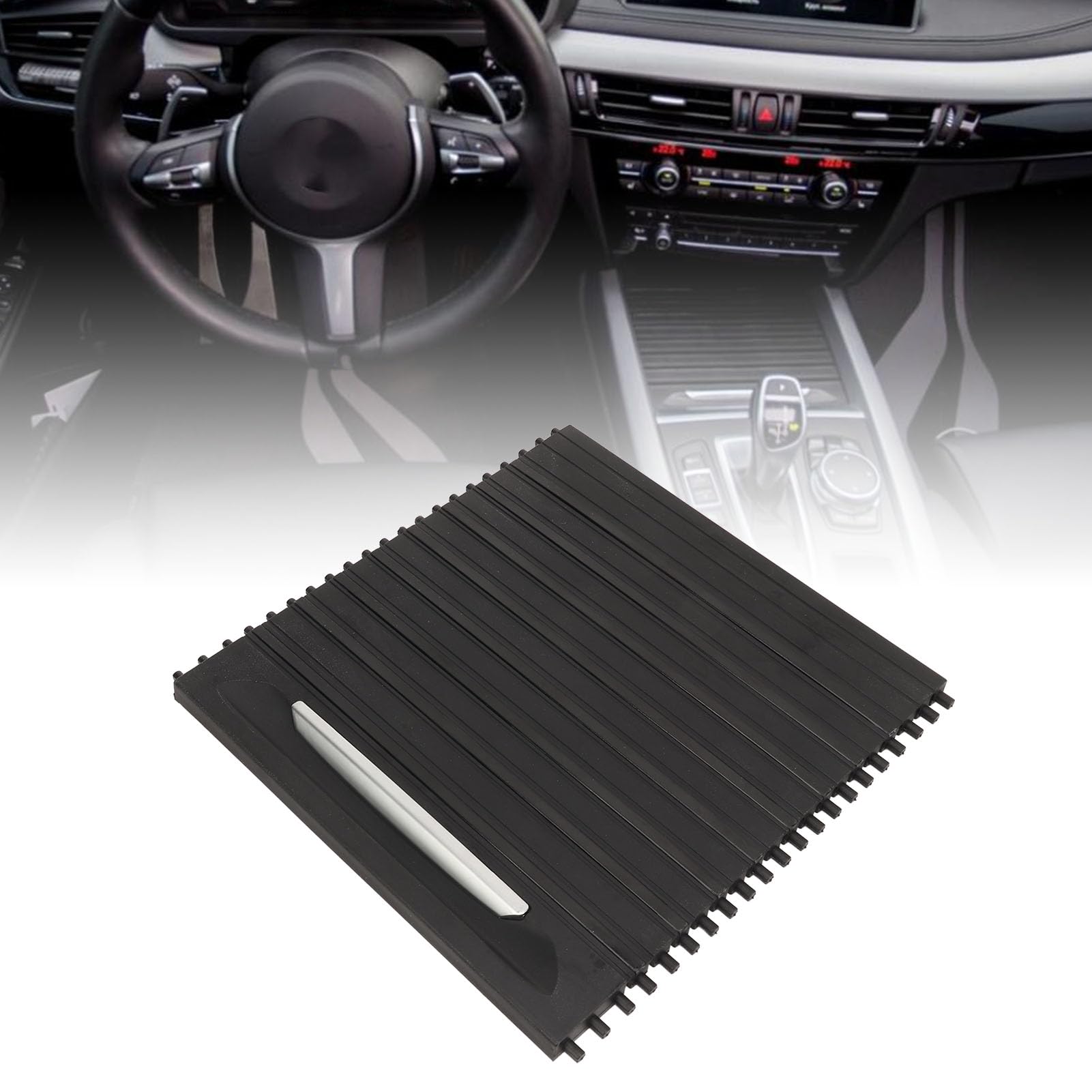 Front Console Cup Holder Roller Blind Cover For BMW X5 X6 E70 E71 - Black Plastic, Fits 2 Cups, Foldable Design