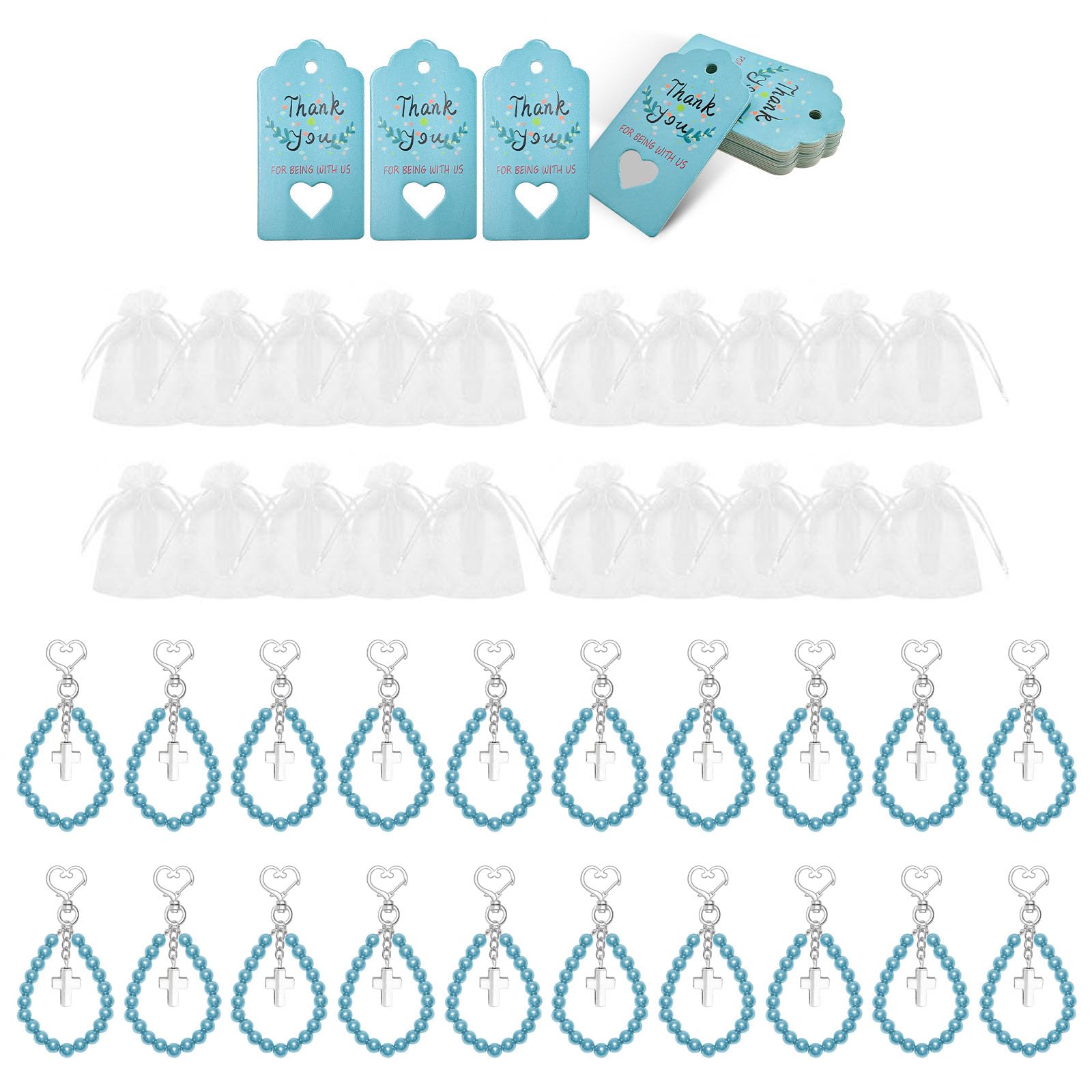 Tsophreniq Of 20 Crosses Beaded Chain Favor Set with Organza Bags and Cards for Baby Baptisms and First Communions Individualized Event Cards