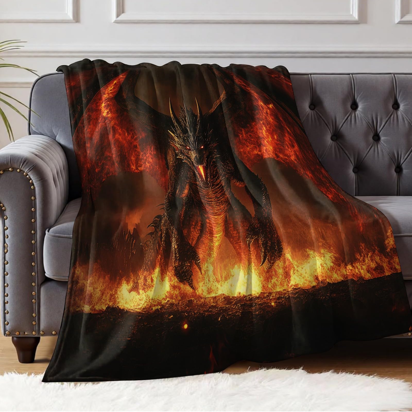 Kuscheldecke 220 x 240 cm Feuerdrache Flanelldecke Mikrofaser Wohndecke Sofadecke Weiche Decke 3D Digitaldruck für Kinder Erwachsene