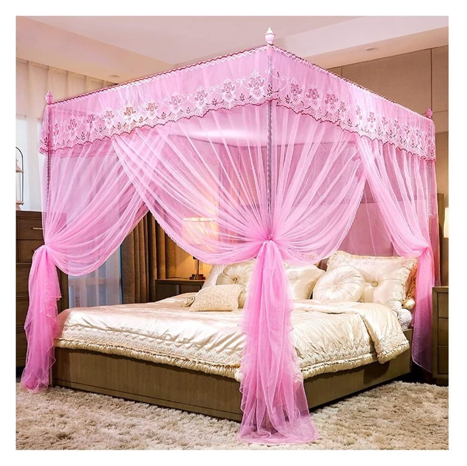 LGTDF35 DETPWVWB 4 Corner Post Bed Canopy Mosquito Net - Romantic Lace Embroidered Bed Curtain for Princess Room Decor(Pink,150X200cm/59X79in)(Pink,180X220cm/71X87in)
