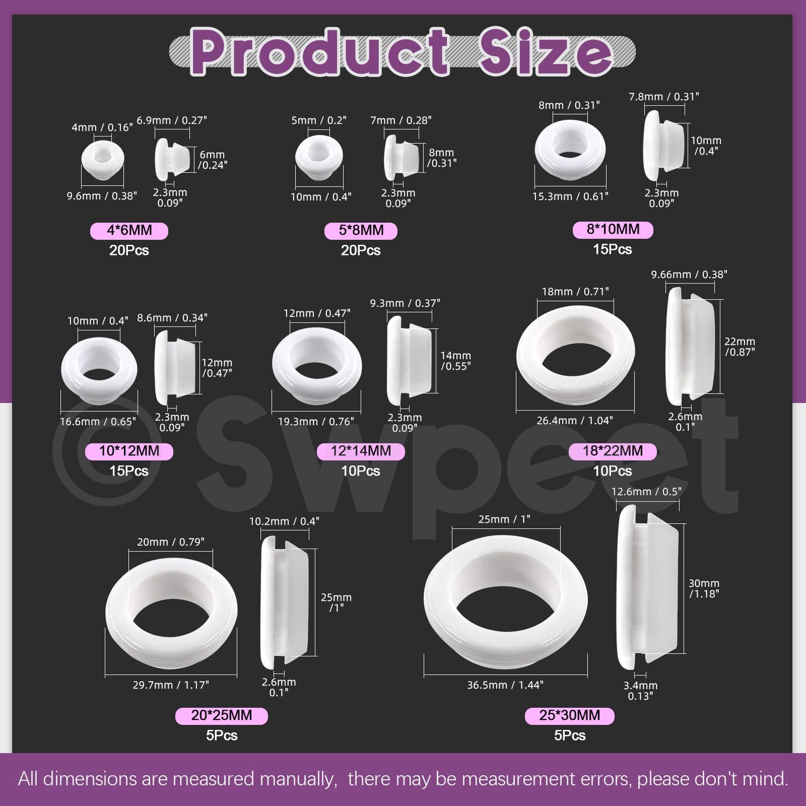 Swpeet 100Pcs White Rubber Grommet Assortment Kit, 8 Sizes Eyelet Ring Gasket - Image 2