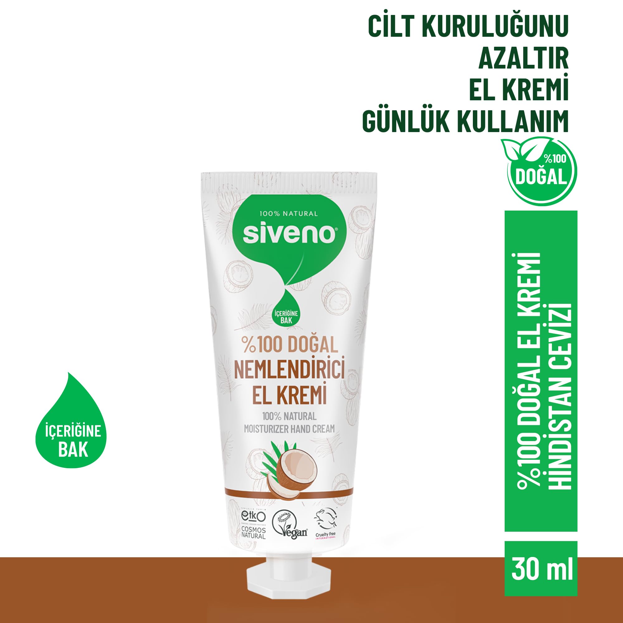 Siveno%100 Doğal El ve Vücut Kremi Hindistan Cevizi Avokado Yoğun Nemlendirici Onarıcı Vegan 30 ml