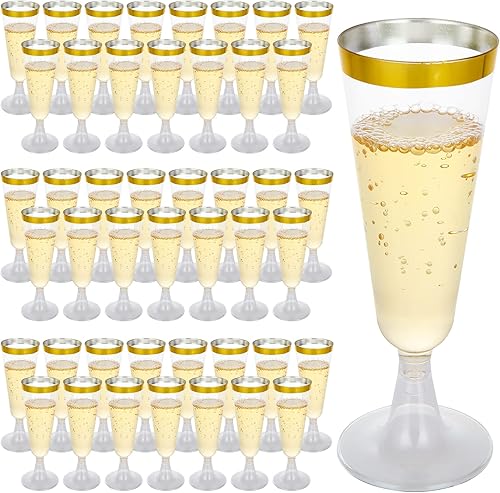 CYEAH Paquete de 100 copas de champán de plástico desechables, copas de champán desechables de plástico con borde dorado de 5 onzas para fiestas,