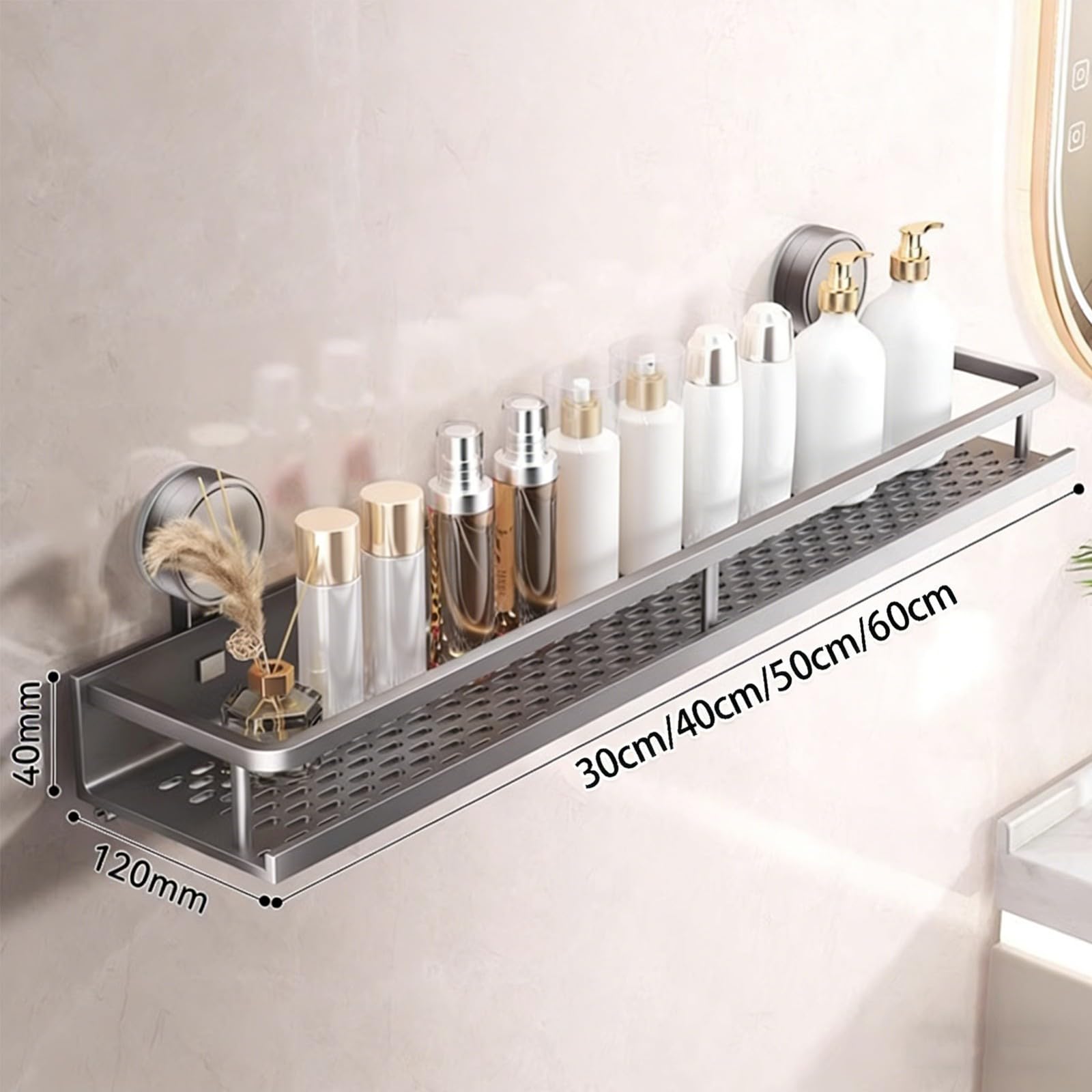 Nierdzewna aluminiowa półka łazienkowa z haczykami – uchwyt na przyssawkę, bez wiercenia, szary organizer ścienny 50 cm do przechowywania pod prysznic i do użytku domowego