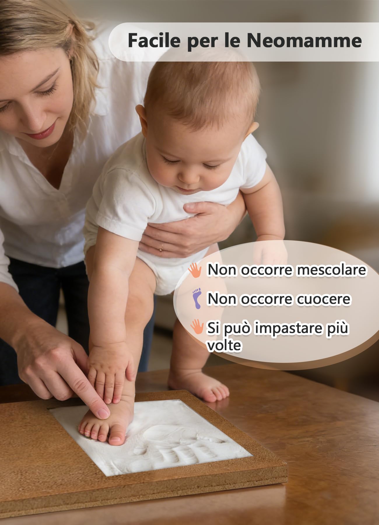Kit Impronte Mani e Piedi Neonato, Argilla Sicura, Cornice Ricordo in Legno Massello, Regalo Baby Shower e Natale Bianco