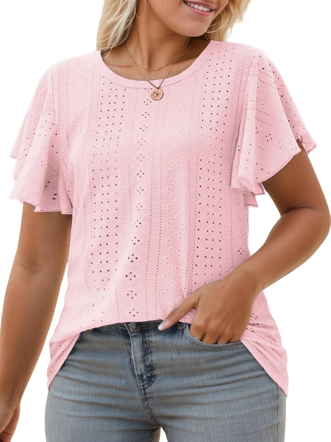 VISLILY Womens-Plus-Size-Summer-Tops Ruffle Short Sleeve T Shirts Crewneck Eyelet Tunics Casual Loose Tee