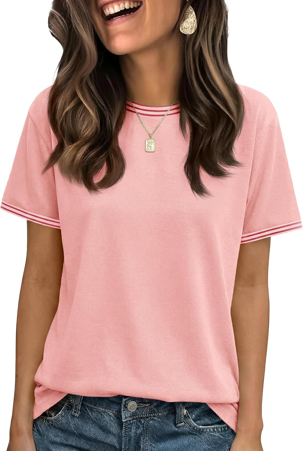 Cicy Bell Womens Summer Crew Neck T Shirts Casual Short Sleeve Loose Fit Tunic Tops Color Block Basic Tee Top