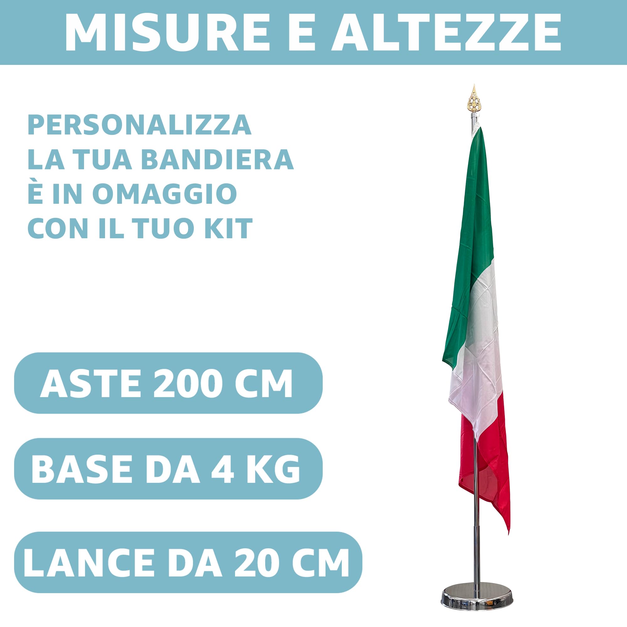 AL PRODUCTION Kit Asta e Bandiere Personalizzate per Interno - Bandiera Personalizzata in Tessuto Nautico 115 gr/mq 100x150 cm, 1 Asta da 200 cm in Acciaio e base 4 kg - Made in Italy
