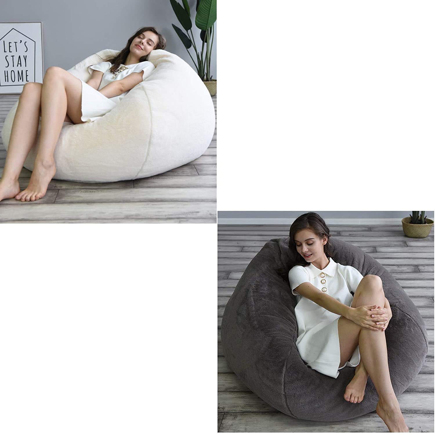 Pouf Classique en Fausse Fourrure Gris, Pouf de Salon Intérieur Extérieur, Sac de Haricots sans Remplissage