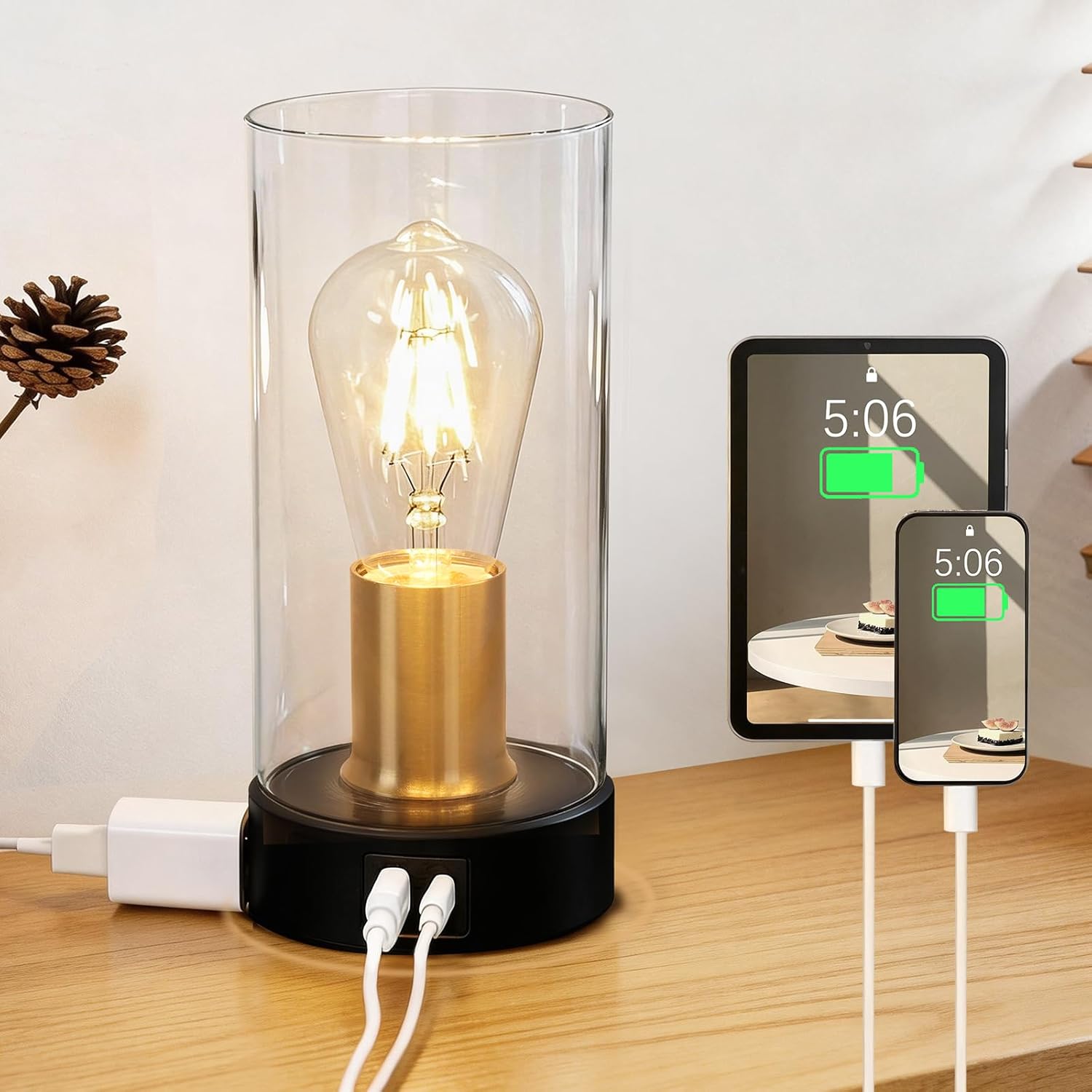 Industrial Bedside Table lamp for Bedroom -Touch Lamp with USB-A+C Charging Ports & AC Outlet. Nightstand Lamp with Black Gold Metal Base Glass. Dimming Small Lamp for Bedroom, Dorm, Living Room