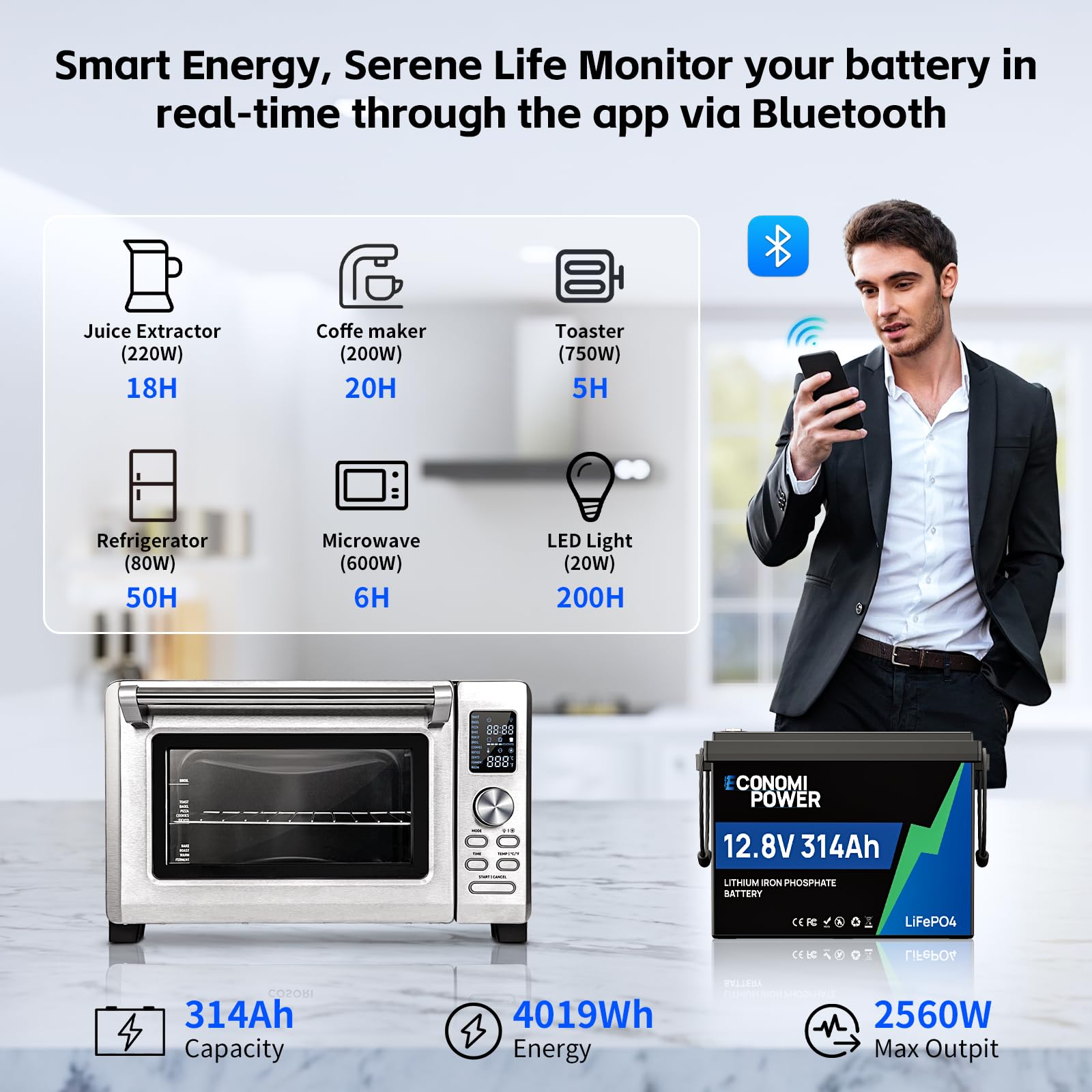 Batteria al litio LiFePO4 da 12 V 314 Ah (300 Ah), BMS intelligente da 200 A con monitoraggio app e oltre 15.000 cicli, alimentazione compatta e affidabile per camper, solare, off-grid e