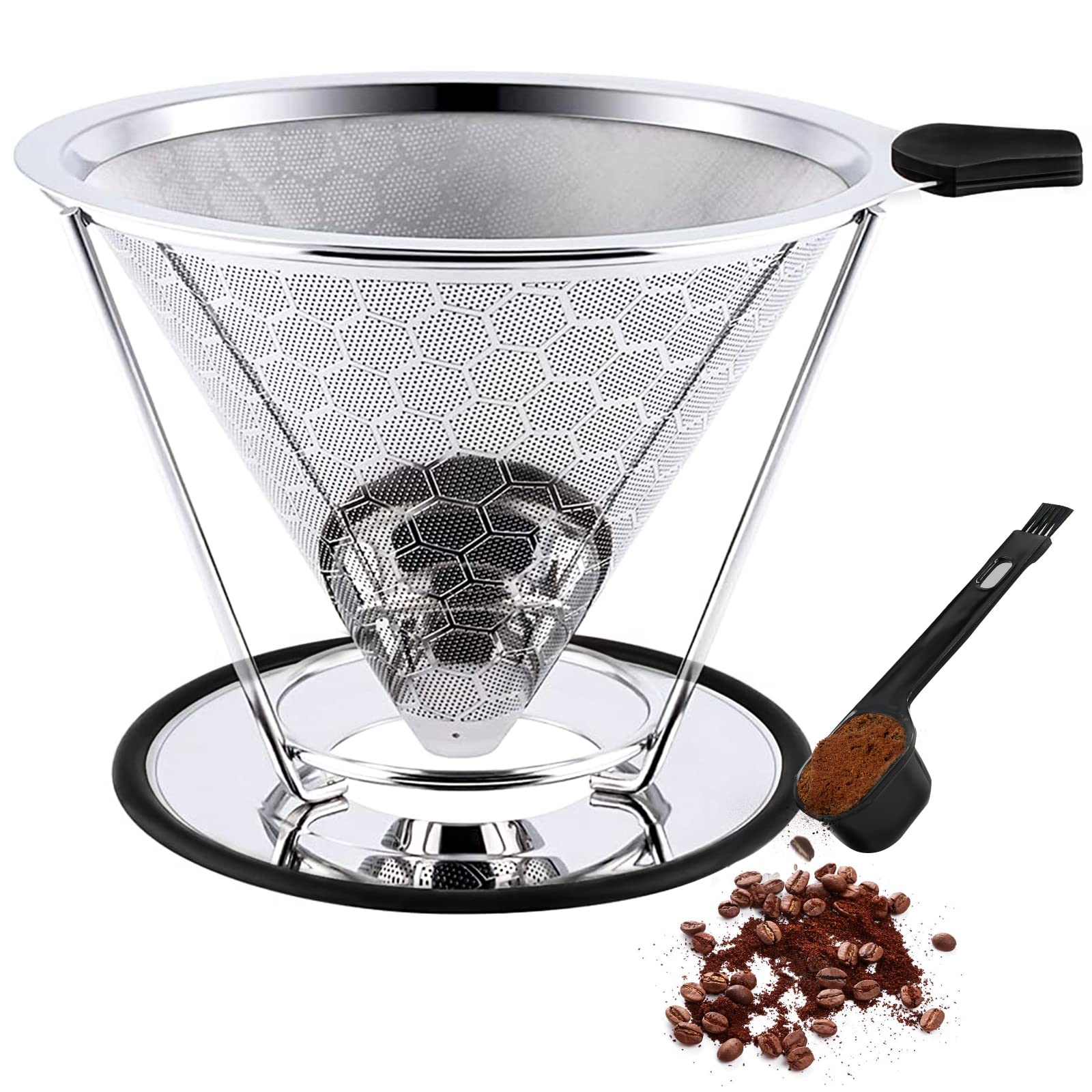 Pour Over Coffee Dripper, Reusable Cone Coffee Filter 1-4 cup, Stainless Steel Portable Coffee Filters Coffee Maker with Cleaning Brush for Home Office Travel Camping