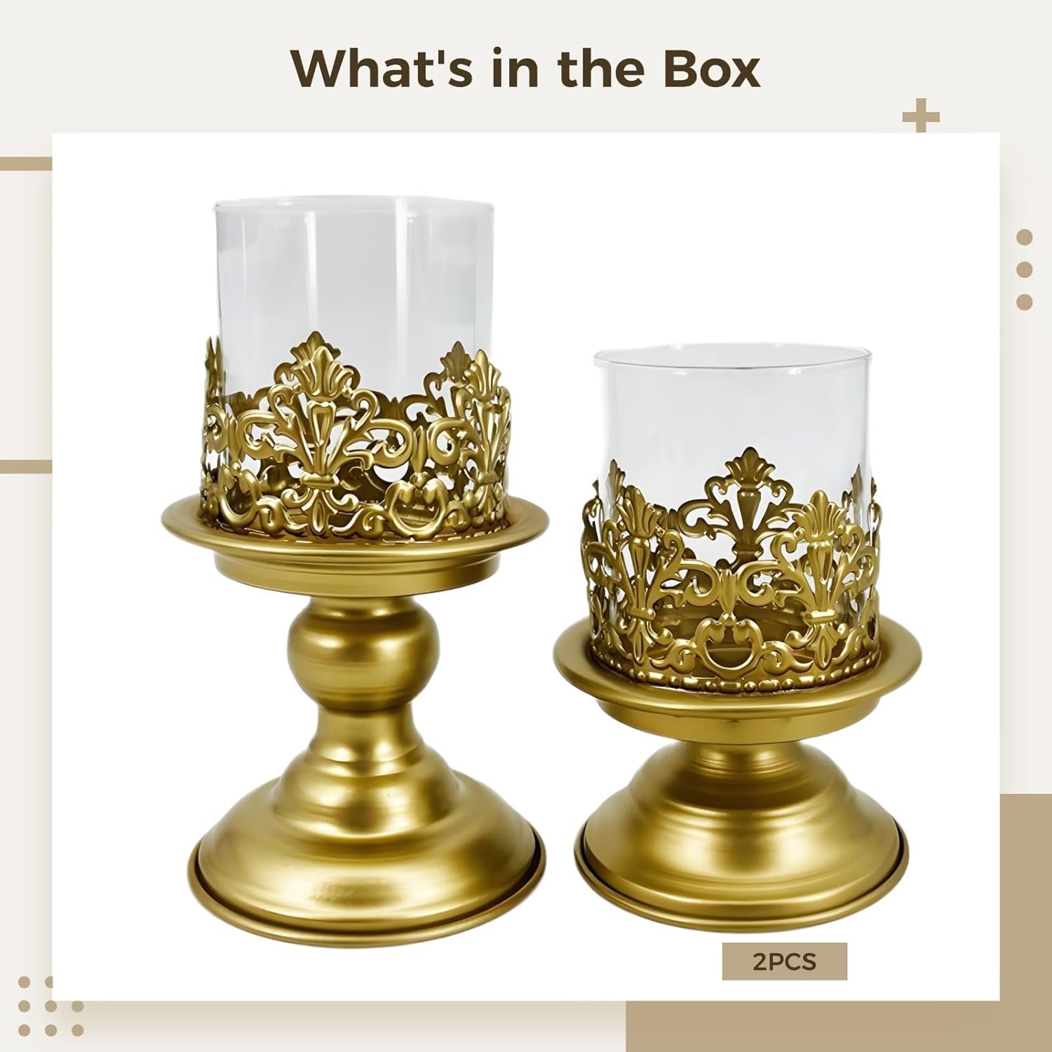 Embossed Luxury, Two Pcs, Golden Candle Holders, Hurricane Candle Holder with Glass Cup, Candle Stand Table Centerpiece for Weddings, Events
