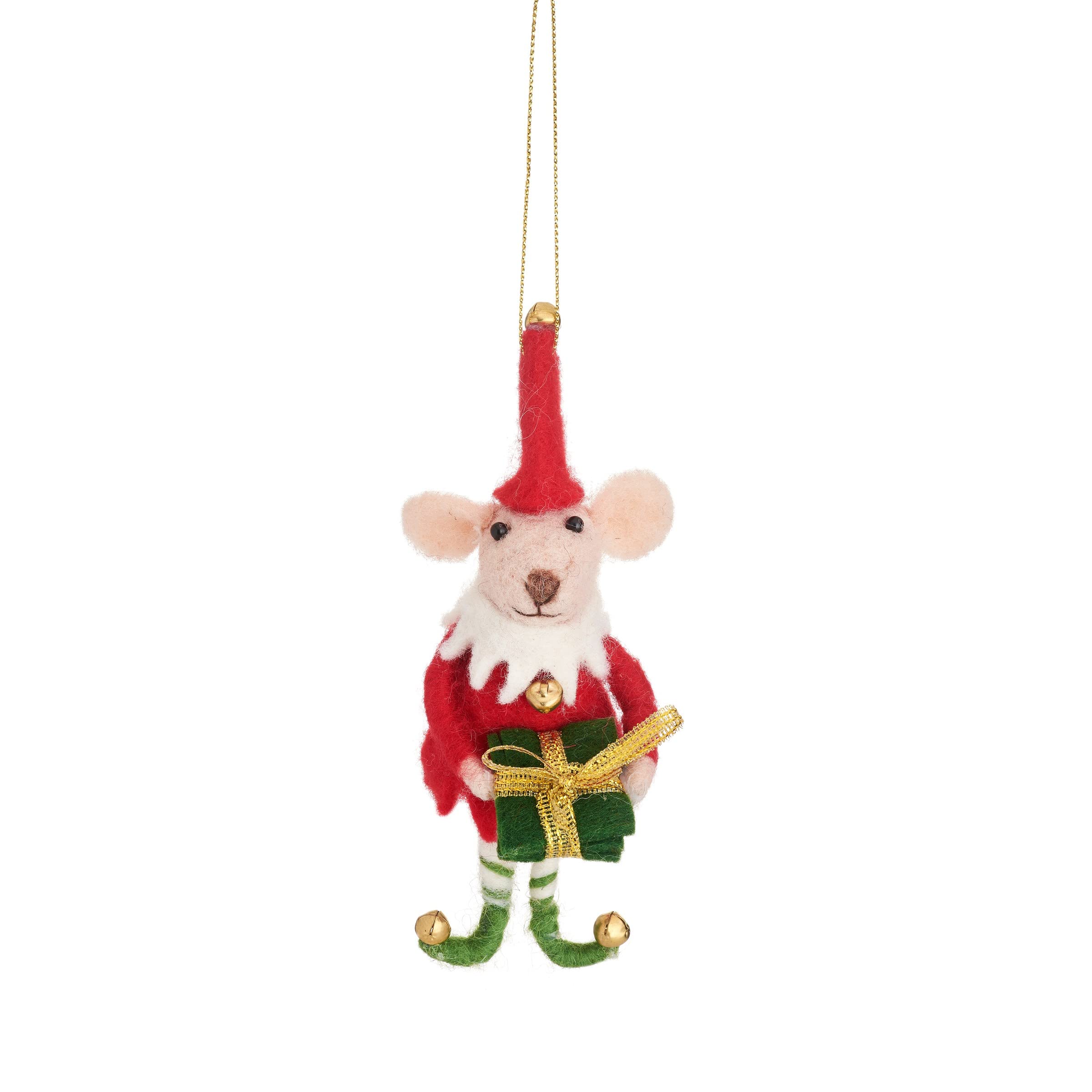 Sass & Belle Red, Green, Gold Mouse Elf With Present Felt Decoration