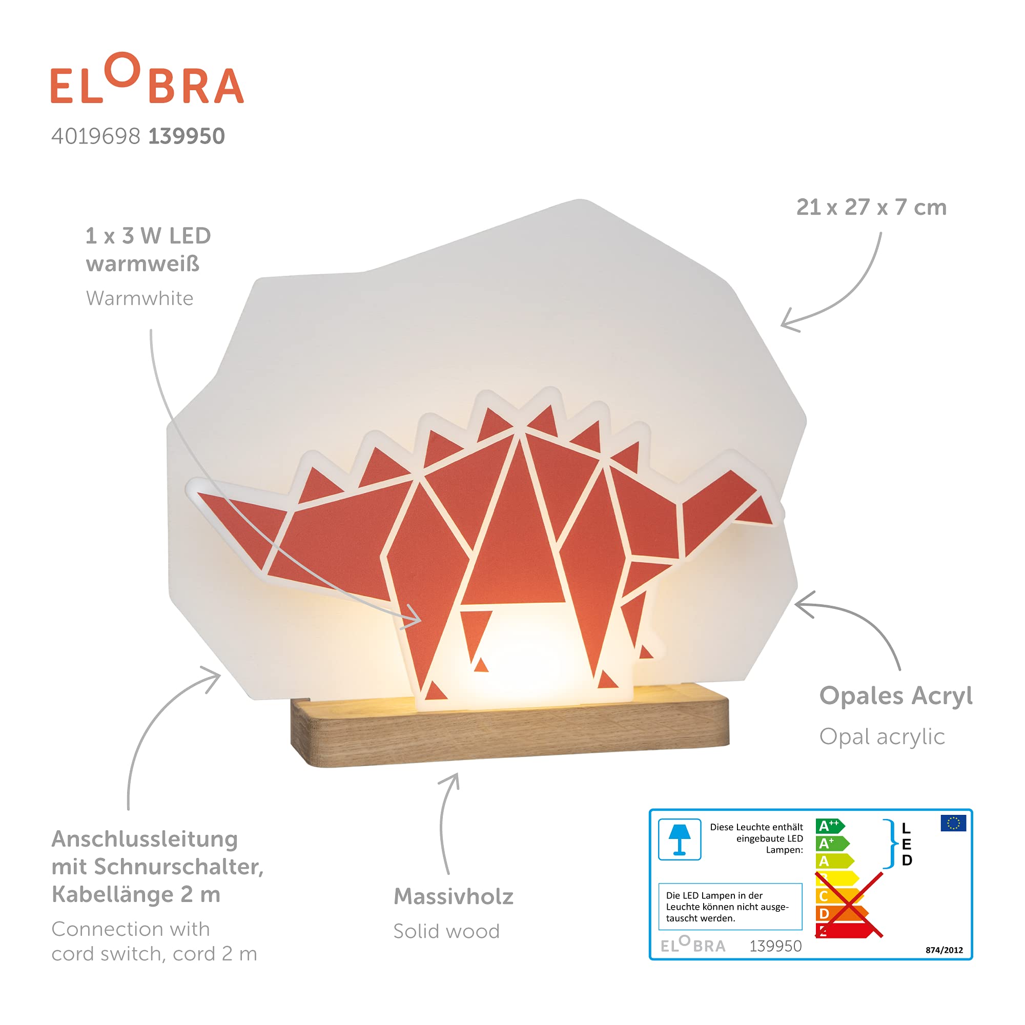 Elobra Lámpara para niños, dinosaurio, lámpara LED, lámpara de mesa, lámpara de noche, lámpara de escritorio, luz de ambiente para habitación infantil y habitación de bebé, sistema de enchufes
