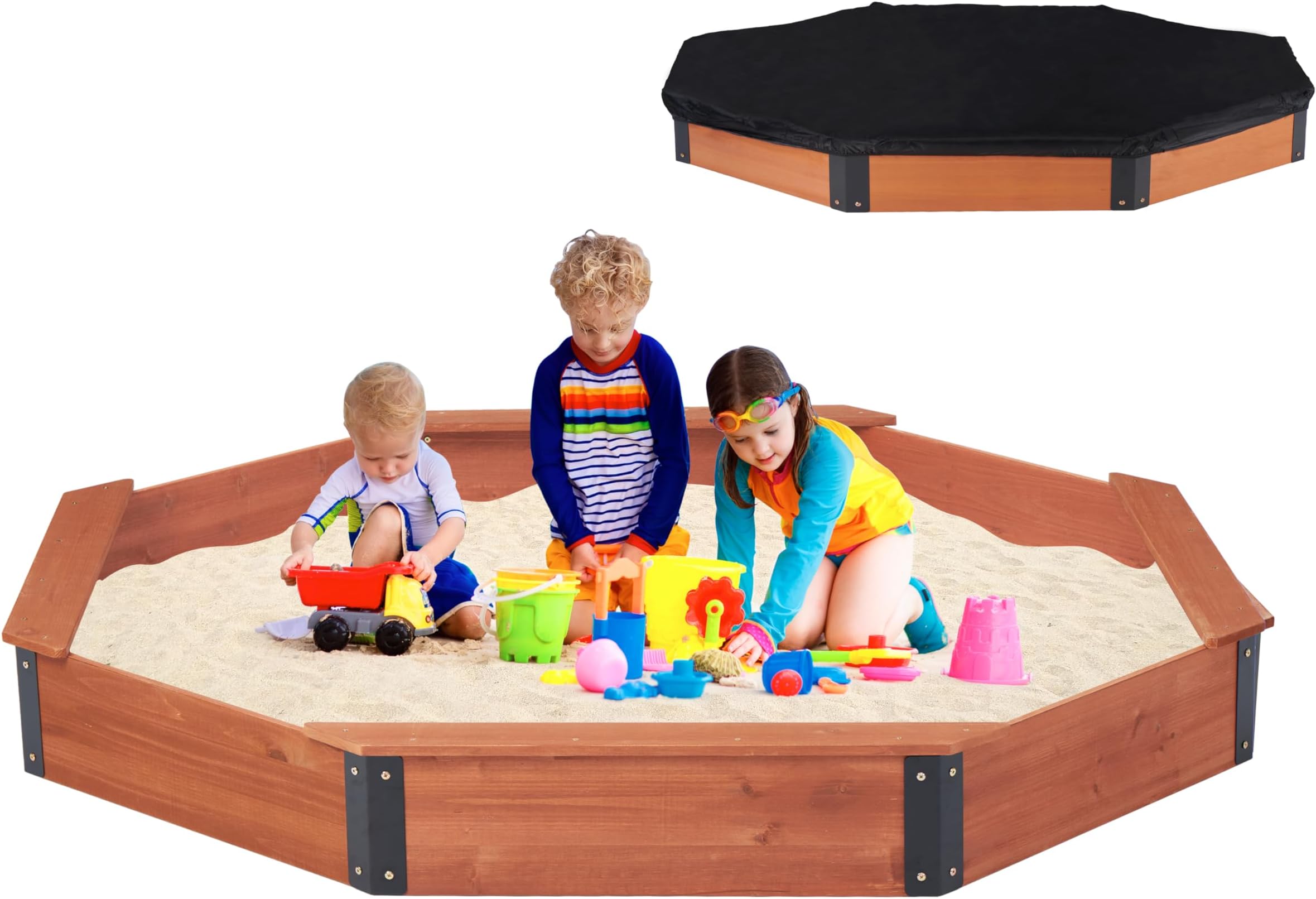85''x78''x9'' Octagon Sandbox with Cover for Kids Outdoor Play, Wood Large Sandpit with 4 Benches, Quick Easy Install, US. Patented