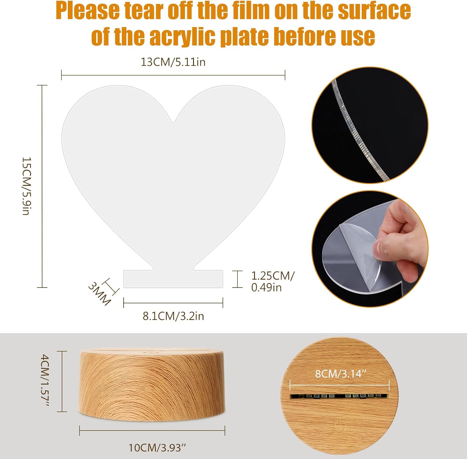 Baquler 12 Pcs 3D LED Night Lamp Base 12 Pcs Clear Acrylic Blank Sheets 16 Colors 4 Mode with Remote Control USB Cable Wood Color DIY Acrylic Lamp Base for Room Decor(Heart)