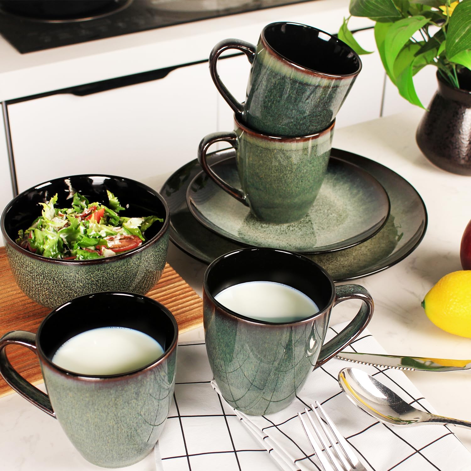 13.5 Oz Coffee Mugs, Ceramic Coffee Mugs with Texture Patterns for Man,Woman,Dad,Mom, Modern Coffee Mugs Set of 4 for Latte/Cappuccino/Cocoa, Dishwasher&Microwave Safe