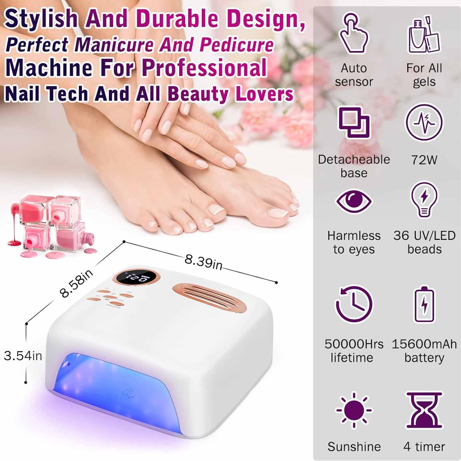 Lámpara LED de uñas de 72 W, lámpara LED profesional con 36 fuentes de luz y 4 temporizadores, sensor automático y memoria, secado rápido de esmalte de uñas de gel y cuentas de luz LED (365 nm + 405