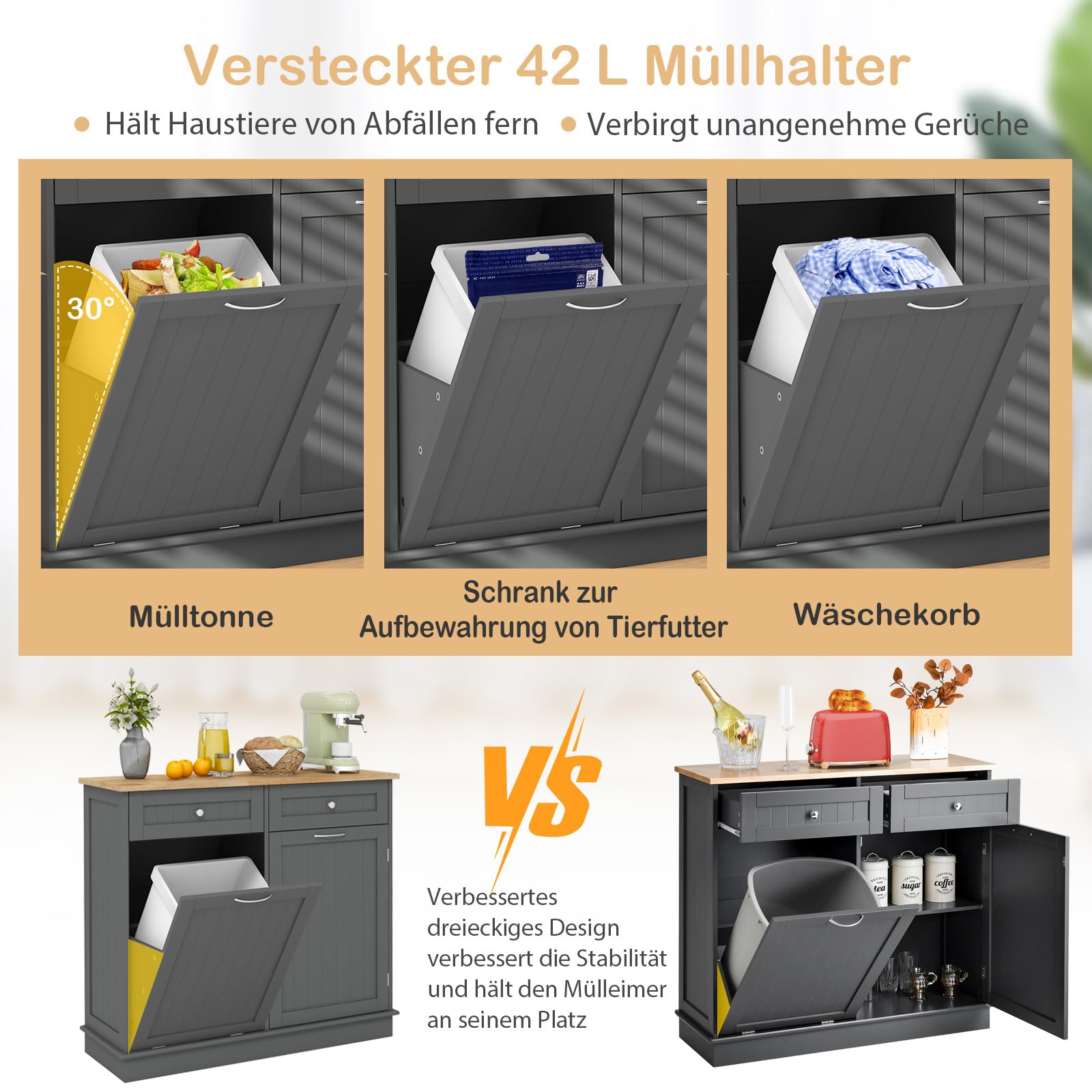COSTWAY Kommode für Mülleimer 42L, Küchenschrank mit großer Arbeitplatte & 2 Schubladen & verstellbarem Regal, Mülleimerschrank mit Mülleimerhalter, Schrank für Küche ohne Mülleimer (Grau)