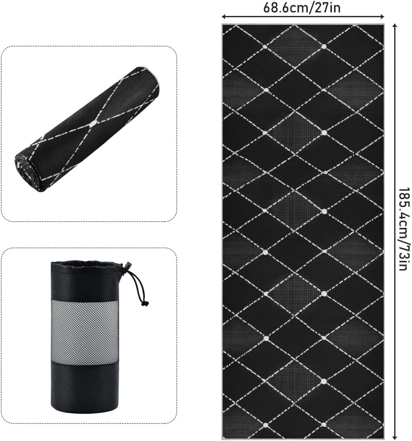 Black Grey Texture Yoga Mat Towel with Silicone Grip Dot – 73"x27" Non-Slip Sweat Absorbent Microfiber Yoga Towel for Home Gym Studio
