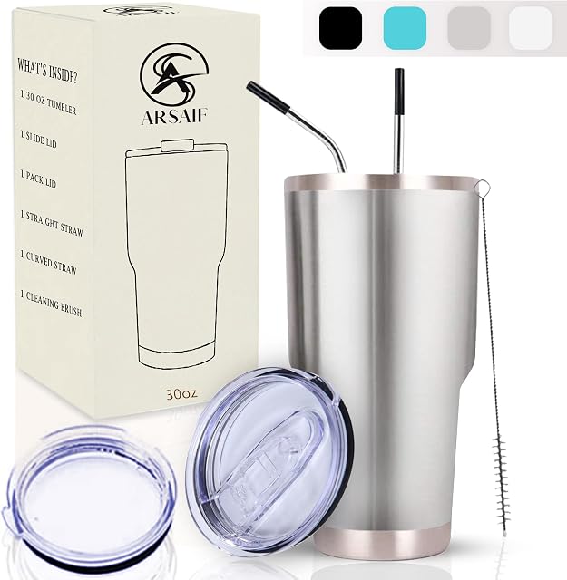 Arsaif 30oz (850ml) Tumbler with Straw and Lid, Insulated Reusable Travel Smoothie Bottle - Stainless Steel Cup for Drinking Hot or Iced Coffee Drink (Silver)