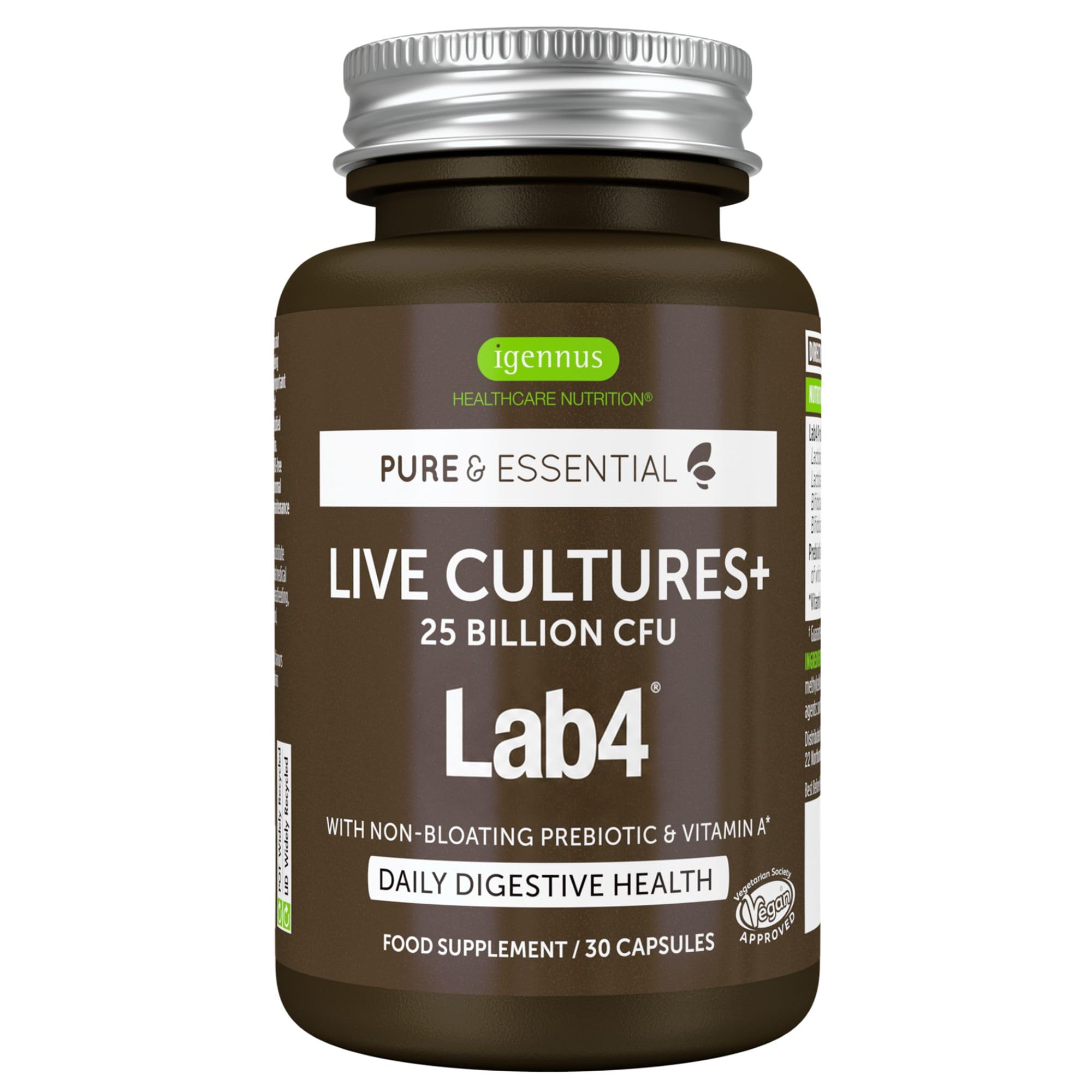 Igennus Live Cultures & Prebiotics 2 in 1, Lactobacillus Acidophilus & Bifidobacterium, Live Cultures+ Lab4, 25 Billion CFU, FOS-Free, for Women & Men, 30 Vegan Capsules