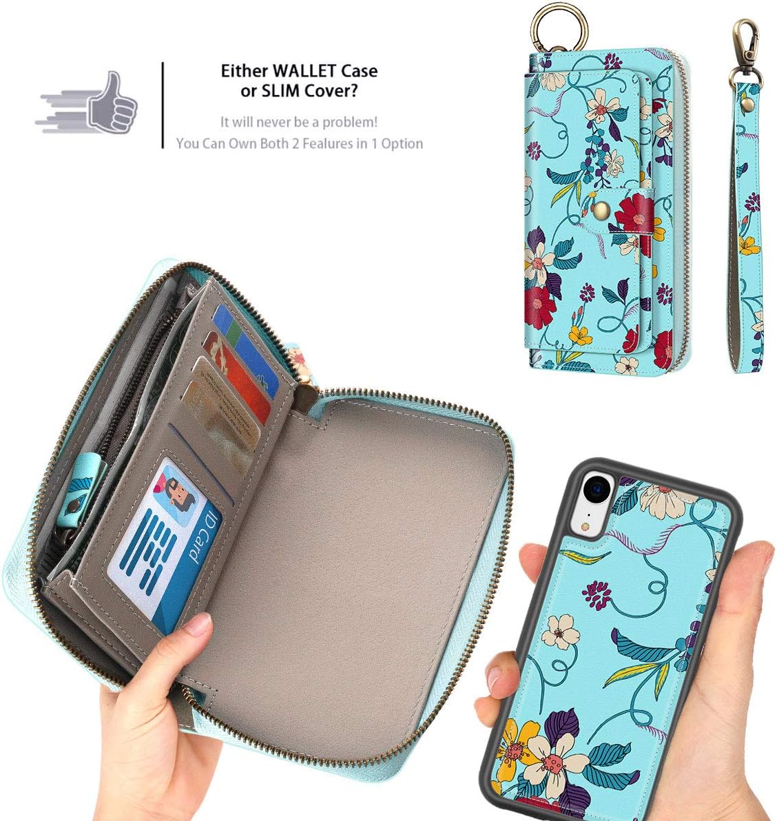 Petocase Compatible iPhone XR/10R Wallet Case, Multi-Function Zipper Purse with Detachable Magnetic Back Cover Wristlets 13 Card Slots & 4 Cash Pocket for Apple iPhone XR/10R Green Floral