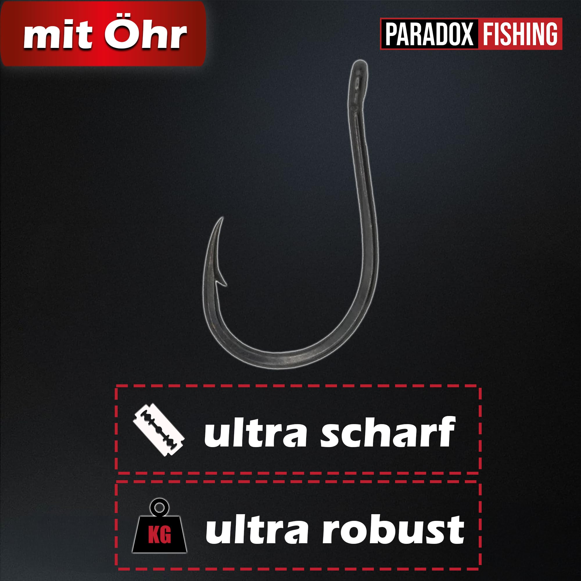 Paradox Fishing Uniwersalne haczyki wędkarskie z uchem I 100 sztuk #10/#8/#6/#4/#2 – po 20 sztuk I zestaw haczyków wędkarskich na karpie, pstrąga itp.