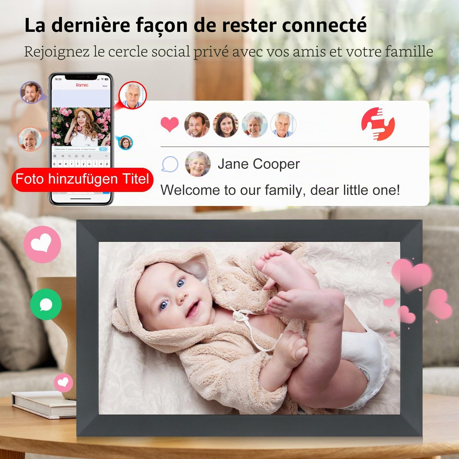 Frameo Grand cadre photo numérique 15,6" FHD 1920 x 1080 IPSTouchscreen, cadre photo électronique avec Wi-Fi, 32 Go, rotation automatique, montage mural, partage de photos/vidéos