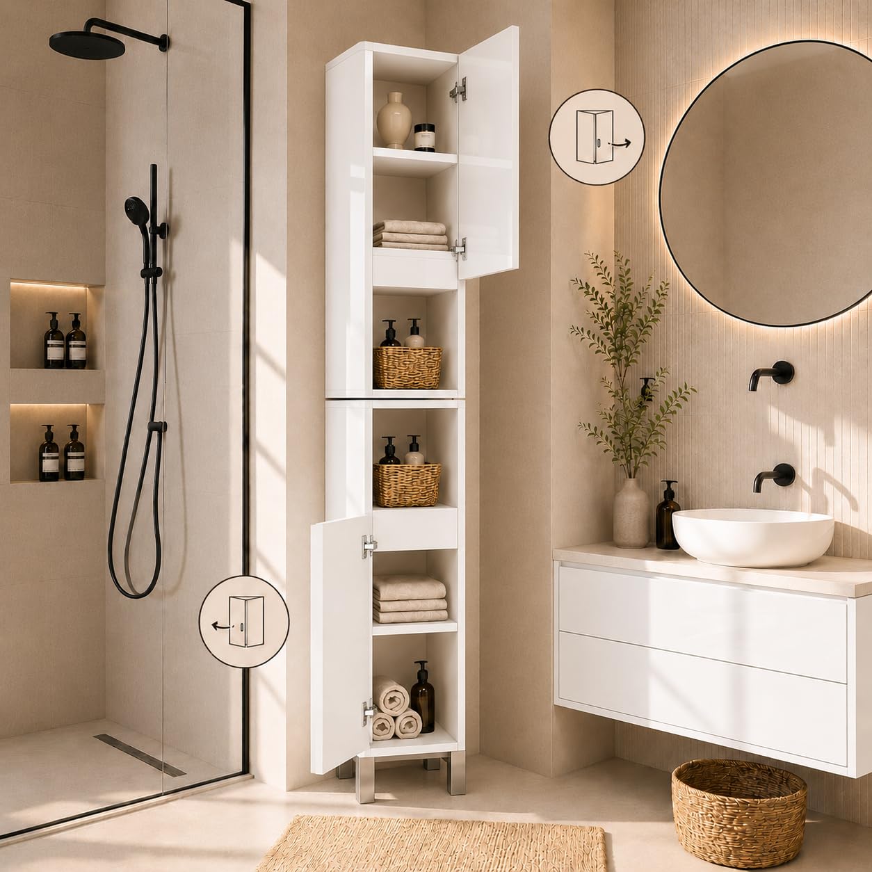 Badezimmerschrank Stehend Ariza, Hochglanz Weiß, MDF 18 mm, Soft-Close Türen, 6 Regale, 161 x 28 x 25 cm, Midischrank, Gäste WC & Bad für Kosmetik, Hängend, Links rechts