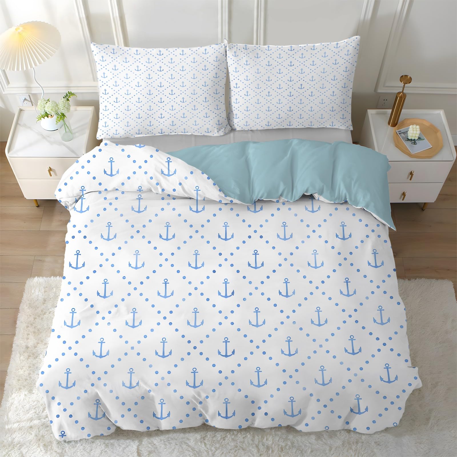 Anker Bettwäsche 220x240 - Küste Punkte Bettbezug 220x240 - Maritim Küsten Wendebettwäsche und 2 Kissenbezüge 80x80, Warm Mikrofaser Bettdeckenbezug mit Reißverschluss, F-506