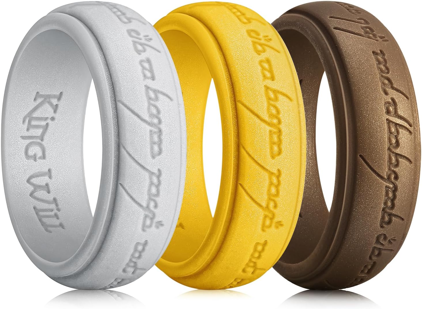 King Will Silicone One Ring for Men Lord Rings Magic Power Rings, 8mm Wide Breathable Rubber Etched Bronze/Silver/Gold Silicone Rings for Men Women, Comfort Fit Silicone Wedding Ring Size 8-14