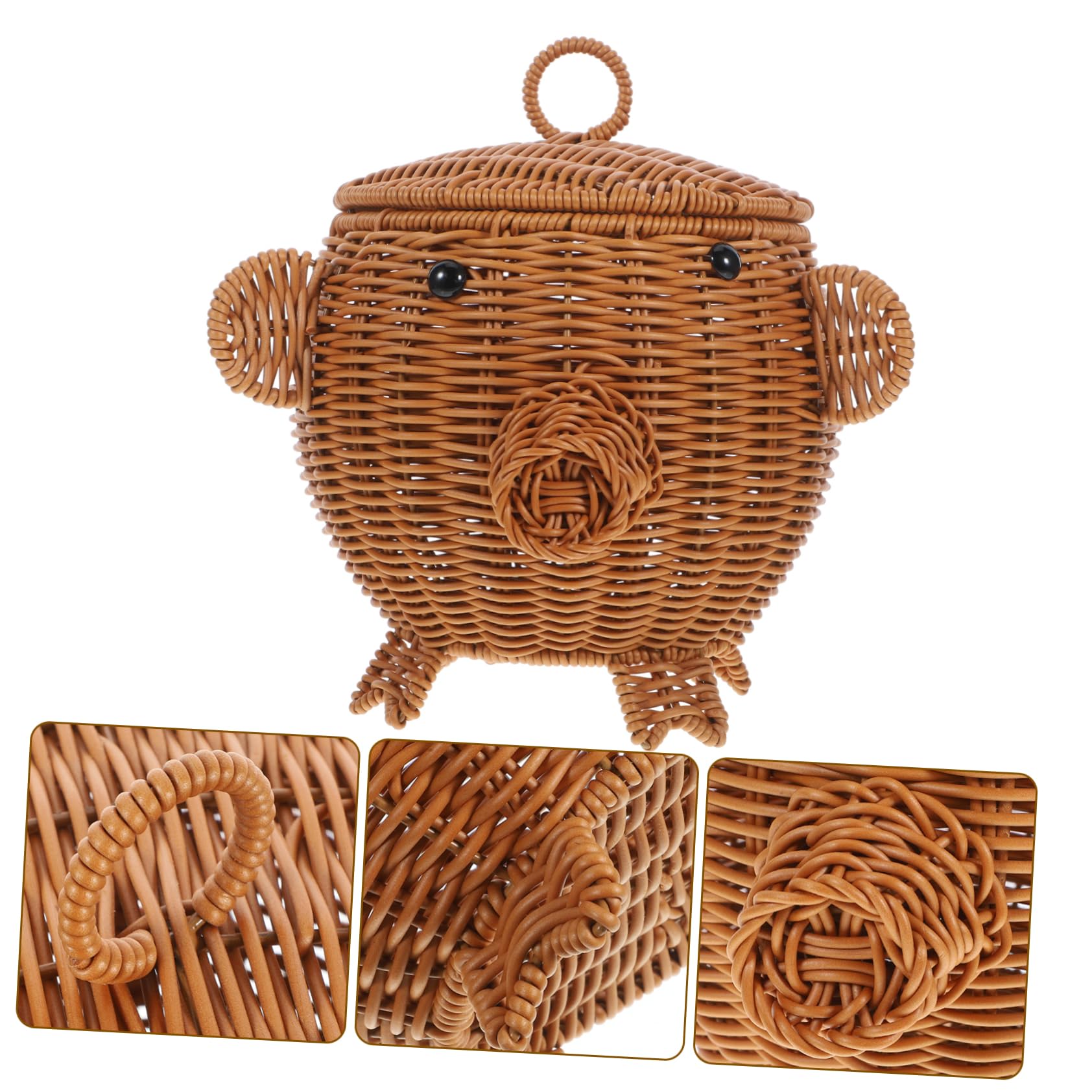 Ciieeo Novelty Piggy Shaped Woven Storage Basket Material Multi Use Basket for Fruits Snacks Rustic Decorative with Lid for Table Organization