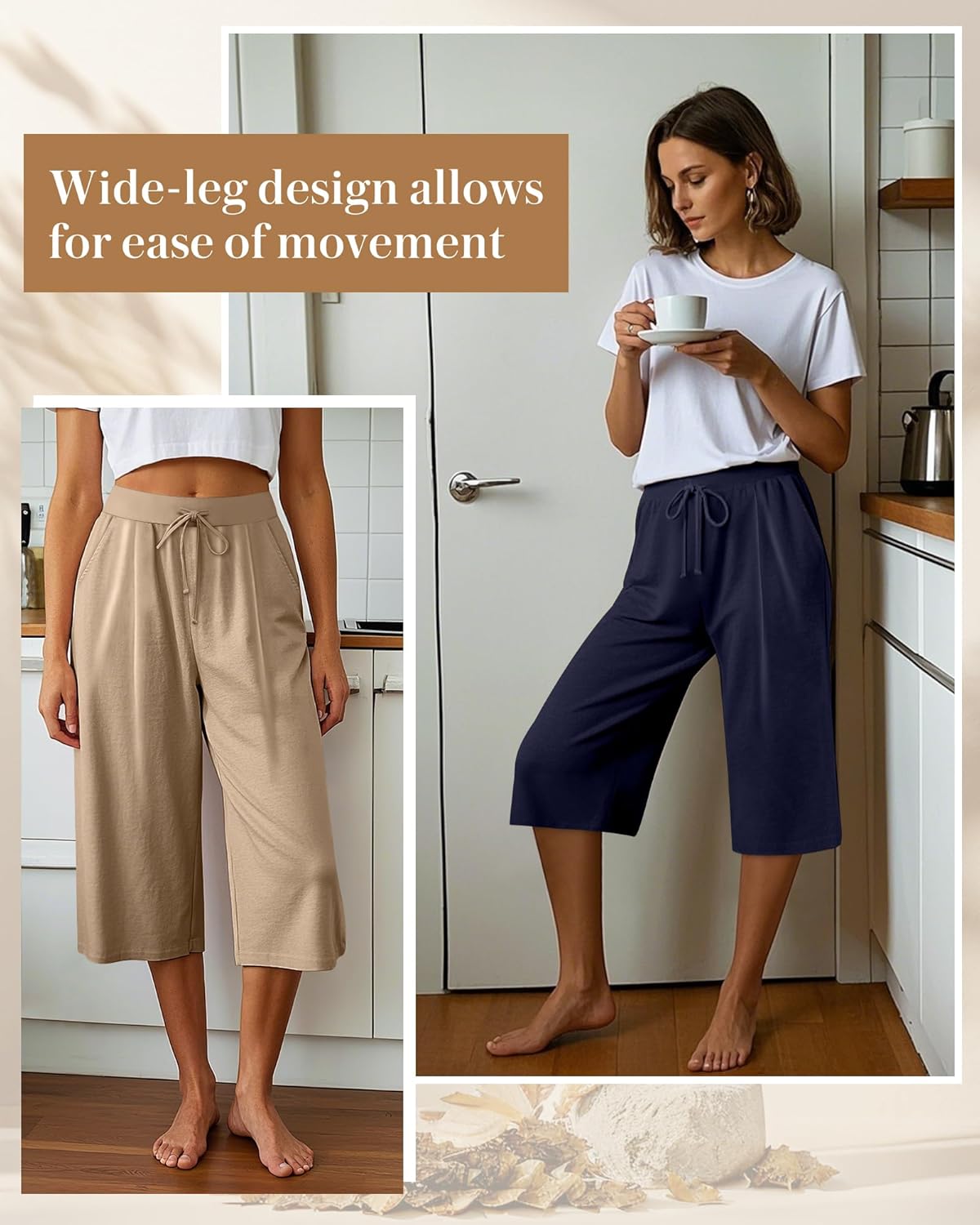 3 Pack Women's Capri Pants, Casual Wide Leg Yoga Pants High Waist Drawstring Cropped Lounge Trousers with Pockets - Image 5