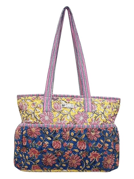 The House of tara Storage & Diaper Bag | Oversized Shoulder Bag with Multiple Compartments | Includes Diaper Changing Pad | Multicolor Block Print Quilted Cotton Bag | Zip Closure