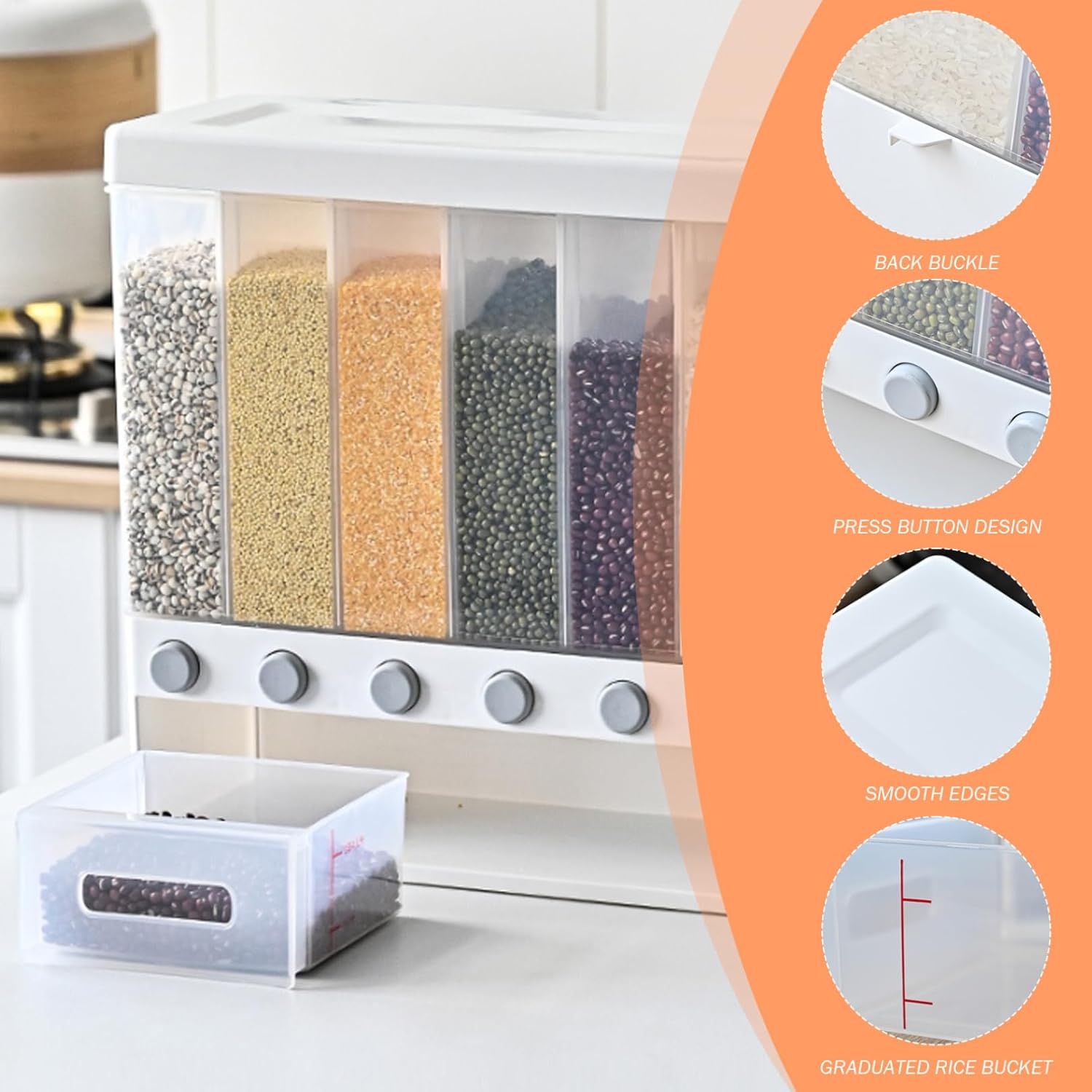 Cereal Dispenser 6 Grid Rice Dispenser Wall Mount Cereal Dispenser Countertop Cereal Containers Storage Grain Dispenser Dry Food Dispenser for Sugar Flour Rice Pet Dog Cat Food.