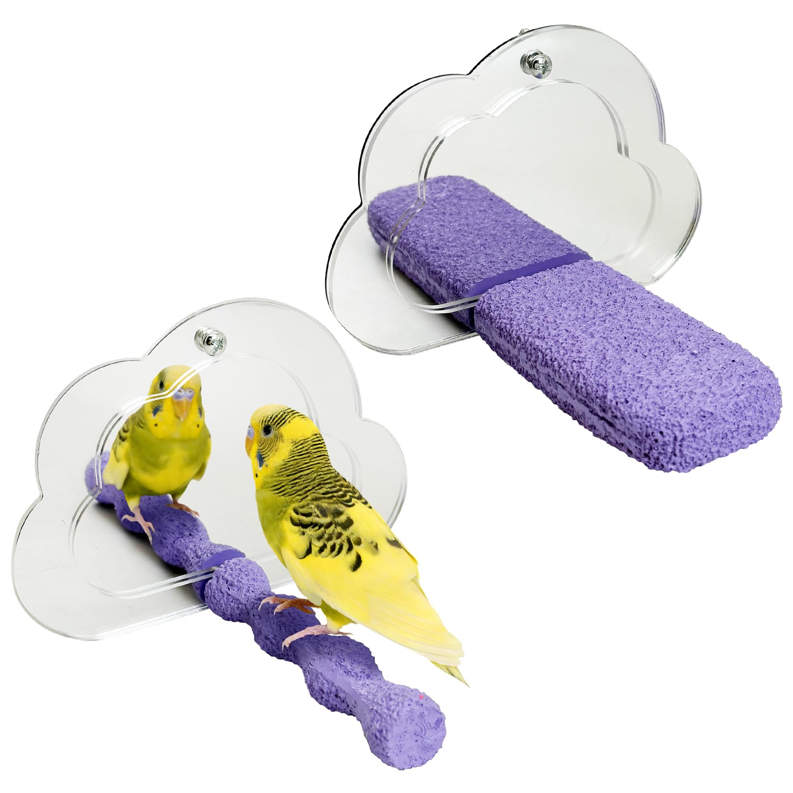 PINVNBY 2 PCS Bird Mirror with Perch Resin Parakeet Perches Hanging Parrot Toys Interactive Bird Cage Accessories for Cockatiel Conure Lovebird Finch (Purple)
