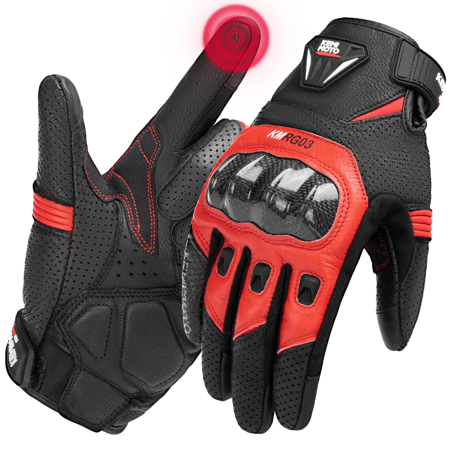 KEMIMOTO Guantes Moto de Piel de Cabra para Hombre, con Protección de Nudillos, Pantalla Táctil y Palma Antideslizante, Dedos Completos, para Moto, Motocross y Scooter