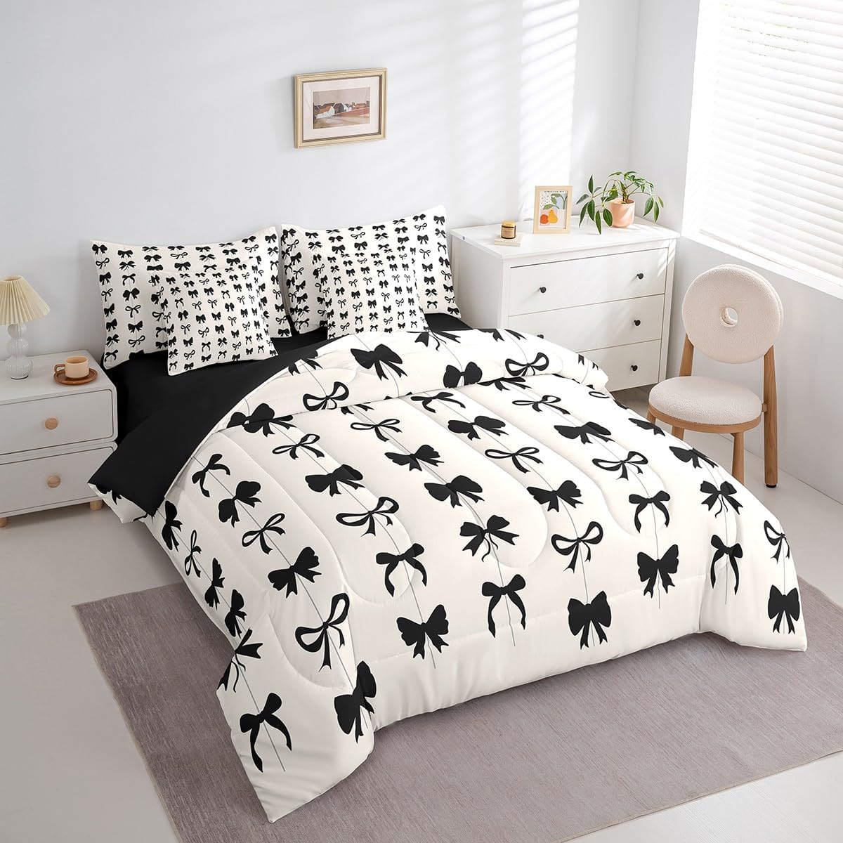 Erosebridal Kids Bow Bed in A Bag 7 Piece Black White Bowknot Queen Comforter Set with Sheets Aesthetics Bow Tie Bedding Set for Girls Teen Adults,Cartoon Butterfly Knot Sheet Set with Comforter - Image 3